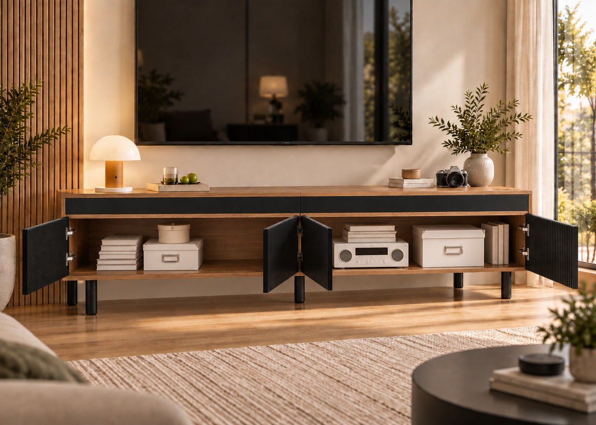 Meuble TV ORSEN - contemporain noir et bois 170 cm à façades rainurées