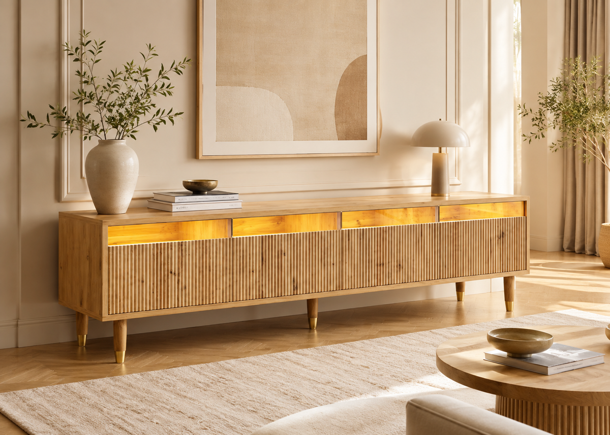Meuble TV OSLO 178 cm – 4 tiroirs, éclairage LED et design contemporain