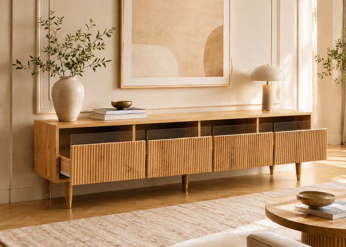 Meuble TV OSLO 178 cm – 4 tiroirs, éclairage LED et design contemporain