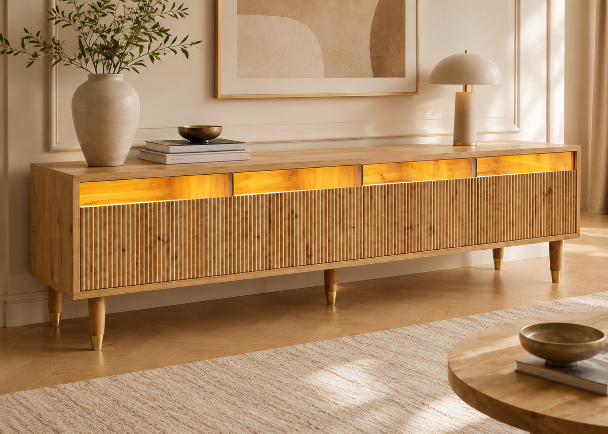 Meuble TV OSLO 178 cm – 4 tiroirs, éclairage LED et design contemporain