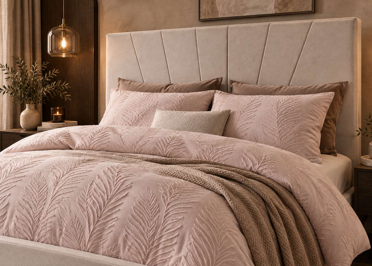 Parure de lit PALMÉA – relief feuillage texturé, esprit hôtel chic