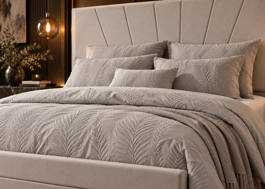 Parure de lit PALMÉA – relief feuillage texturé, esprit hôtel chic