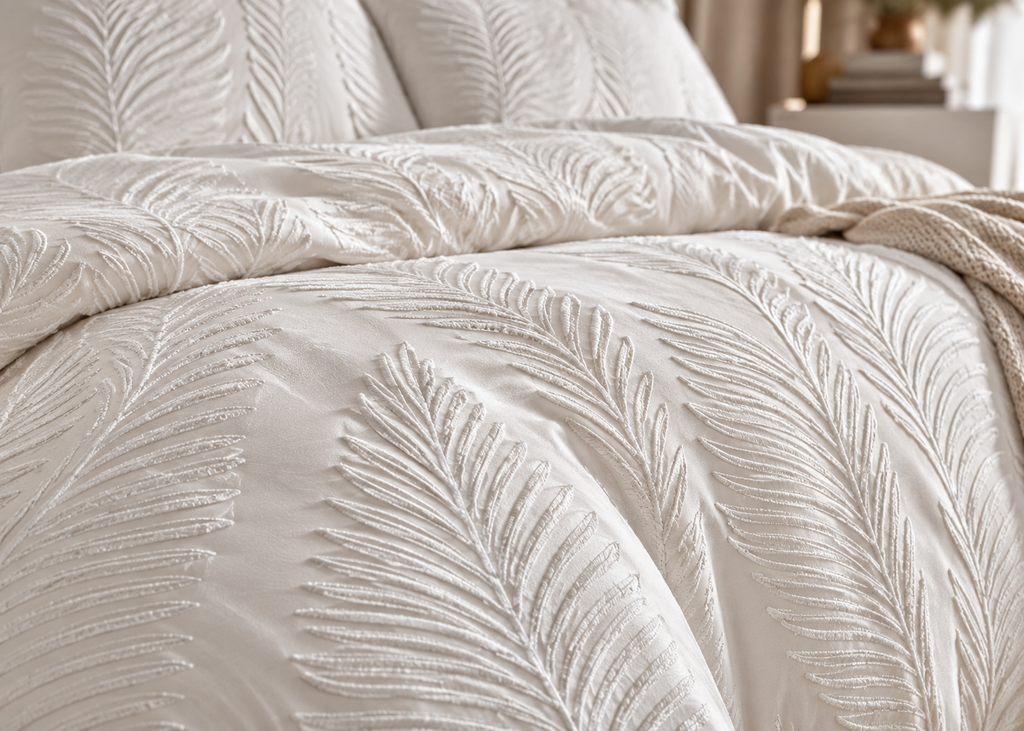 Parure de lit PALMÉA – relief feuillage texturé, esprit hôtel chic