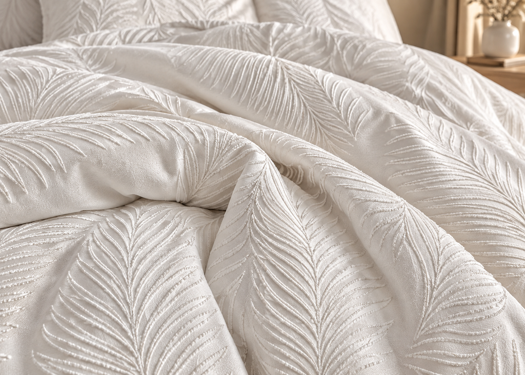 Parure de lit PALMÉA – relief feuillage texturé, esprit hôtel chic