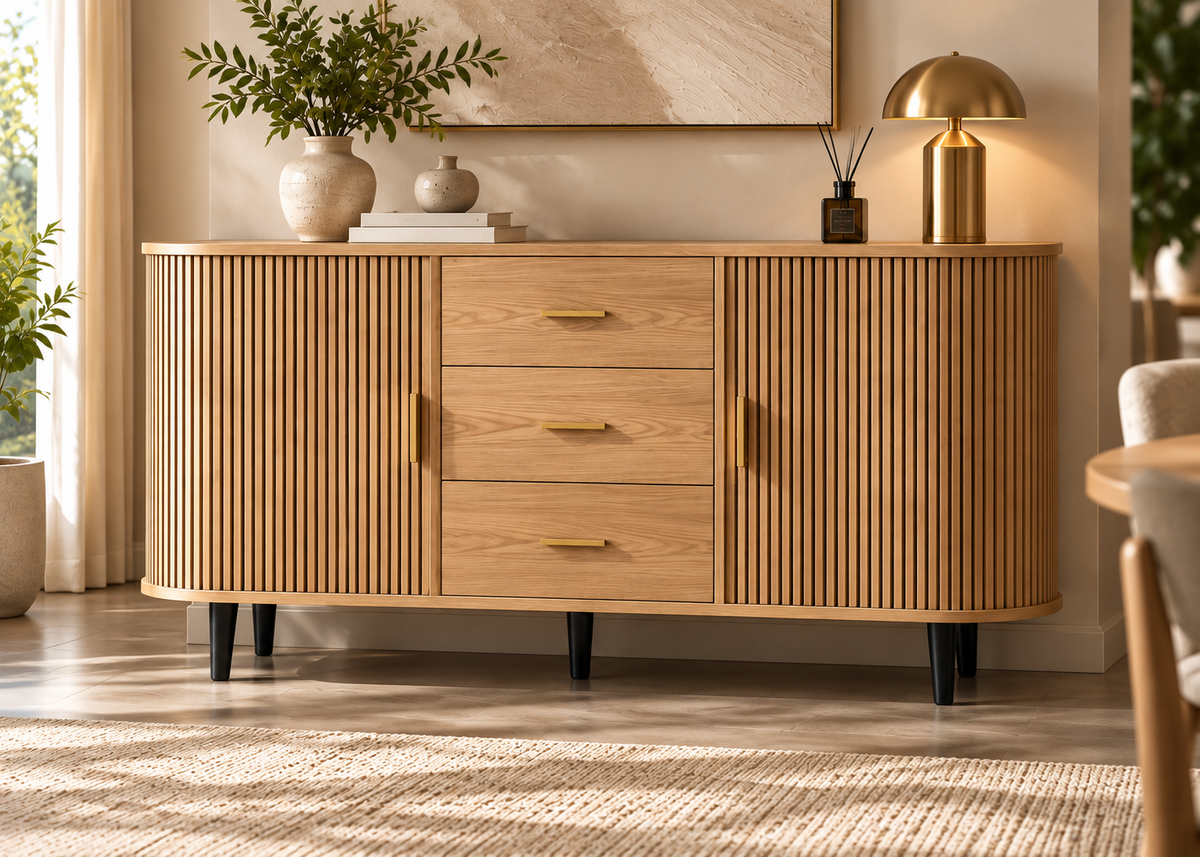 Buffet RIVIERA 160 cm – Bois naturel, portes coulissantes et tiroirs
