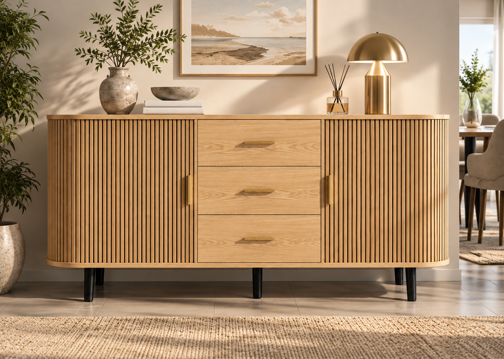 Buffet RIVIERA 160 cm – Bois naturel, portes coulissantes et tiroirs