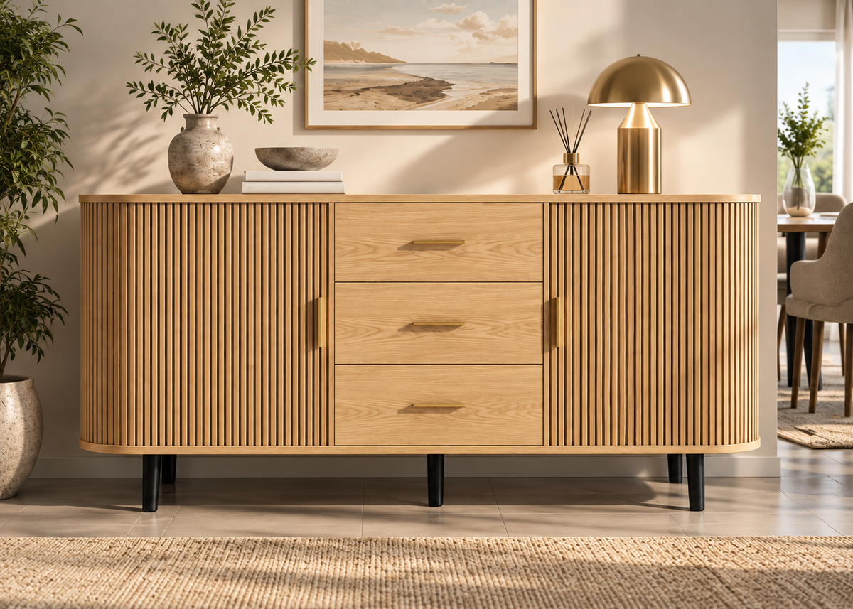 Buffet RIVIERA 160 cm – Bois naturel, portes coulissantes et tiroirs