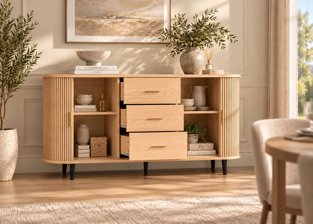 Buffet RIVIERA 160 cm – Bois naturel, portes coulissantes et tiroirs