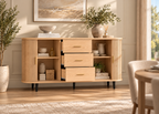 Buffet RIVIERA 160 cm – Bois naturel, portes coulissantes et tiroirs
