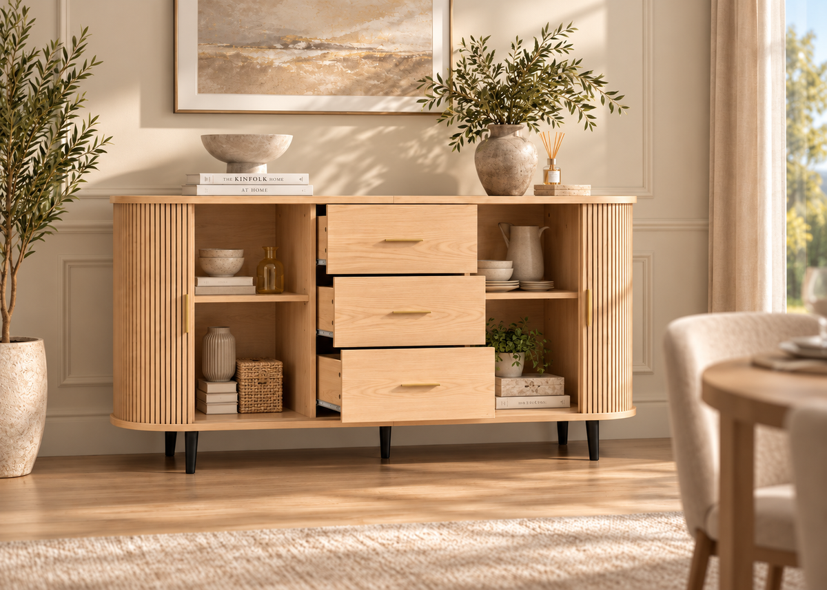 Buffet RIVIERA 160 cm – Bois naturel, portes coulissantes et tiroirs