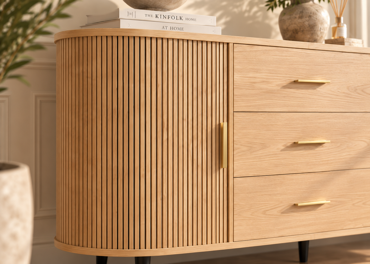 Buffet RIVIERA 160 cm – Bois naturel, portes coulissantes et tiroirs