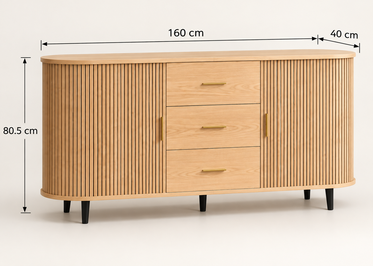 Buffet RIVIERA 160 cm – Bois naturel, portes coulissantes et tiroirs