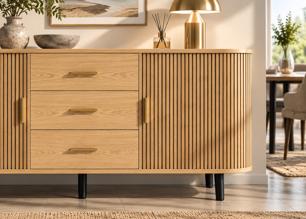 Buffet RIVIERA 160 cm – Bois naturel, portes coulissantes et tiroirs