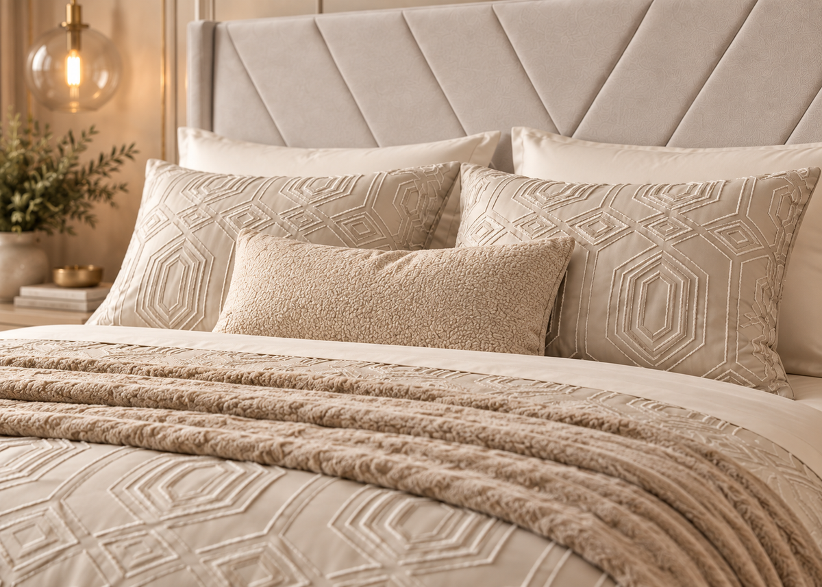 Parure de lit Collection SÉLIAN – relief géométrique raffiné, style contemporain chic