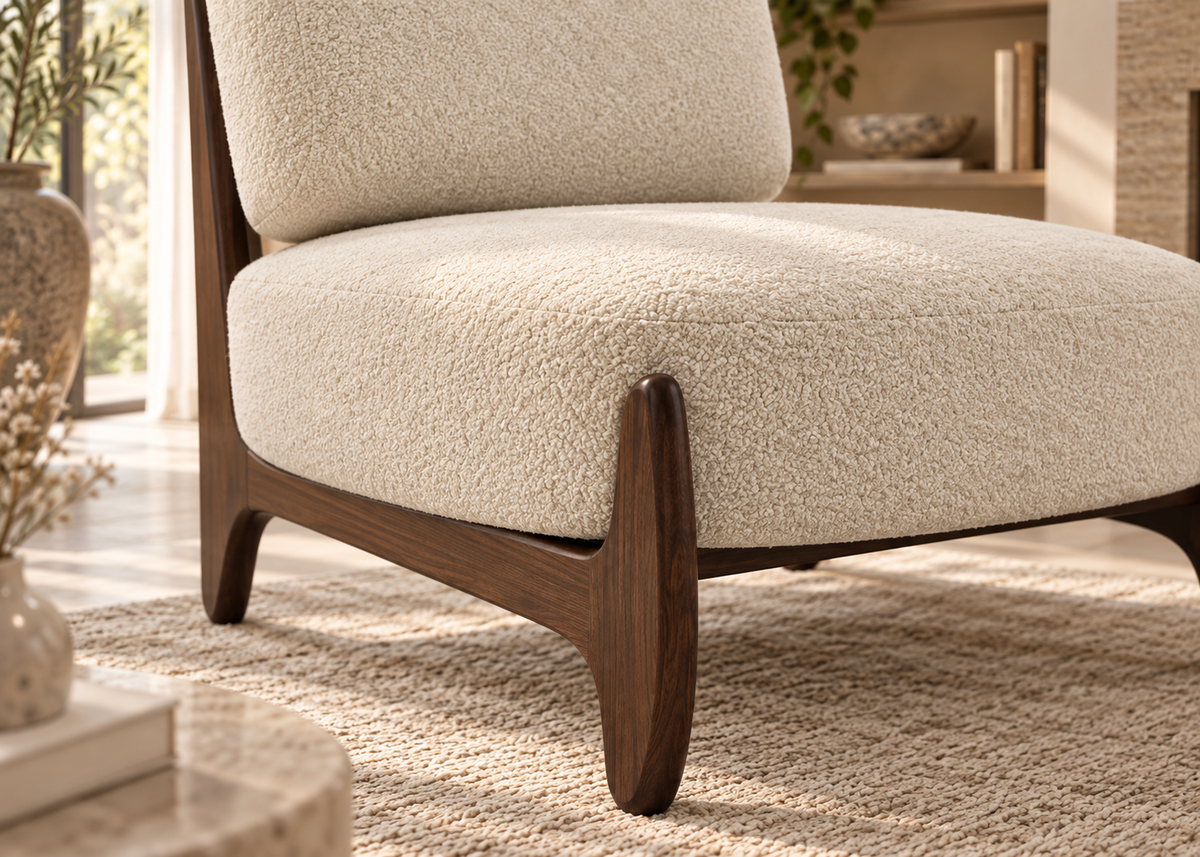 Fauteuil bouclette crème SÉVERIN – structure bois foncé