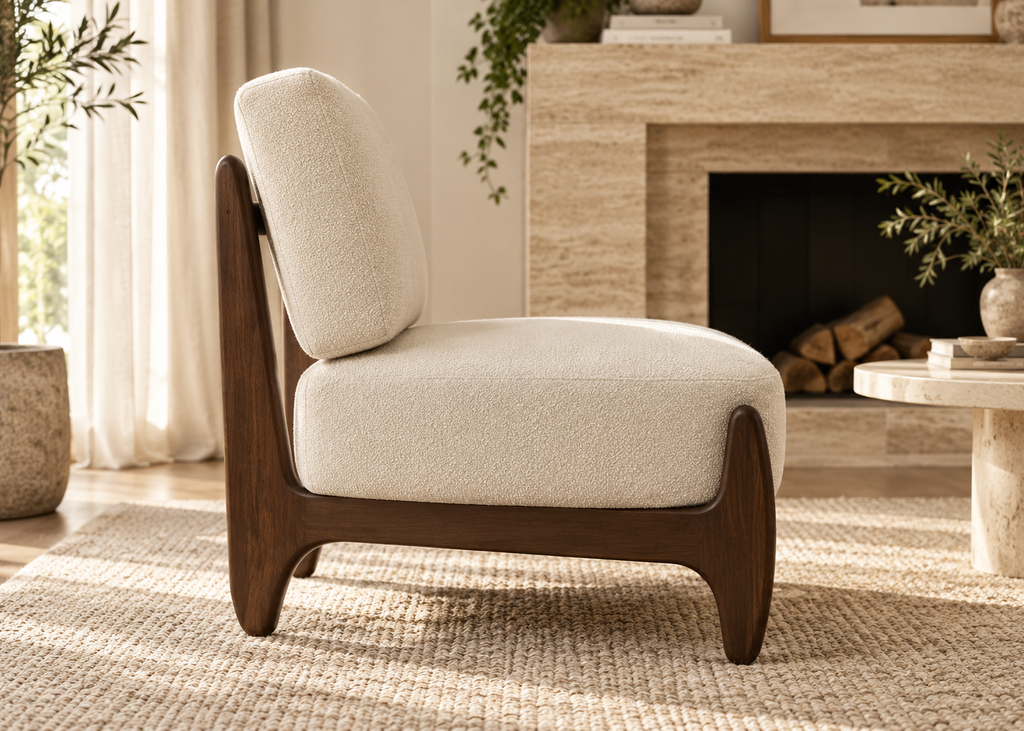 Fauteuil bouclette crème SÉVERIN – structure bois foncé