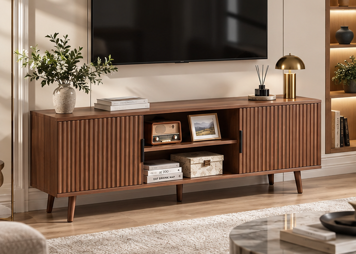 Meuble TV SIERRA 138 cm – Noyer cannelé, niches et rangement