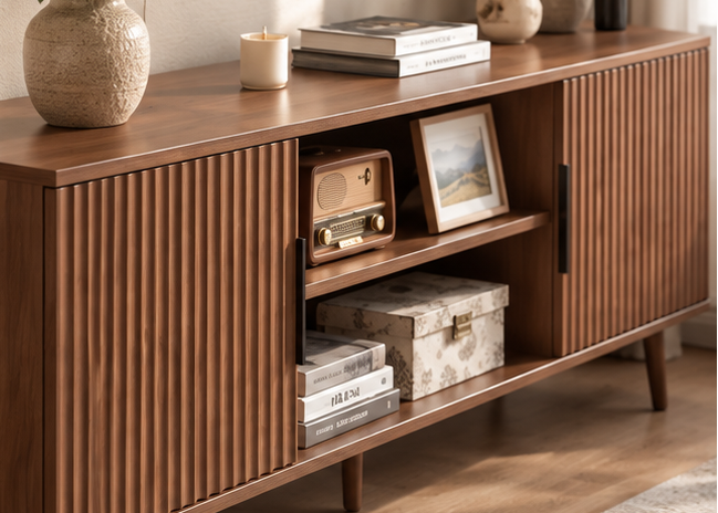 Meuble TV SIERRA 138 cm – Noyer cannelé, niches et rangement