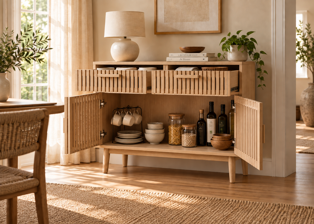 Buffet SOLEYA – Bois naturel, 2 portes et 2 tiroirs