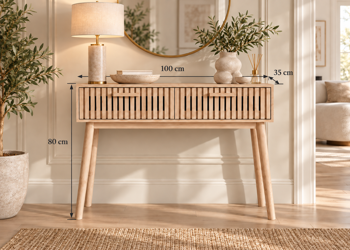 Console SOLEYA – Chêne clair cannelé, 2 tiroirs et design contemporain