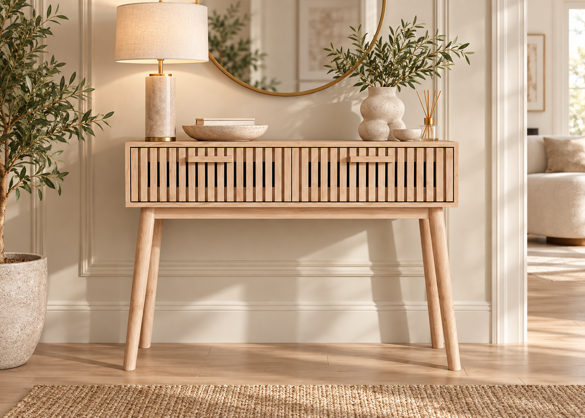 Console SOLEYA – Chêne clair cannelé, 2 tiroirs et design contemporain