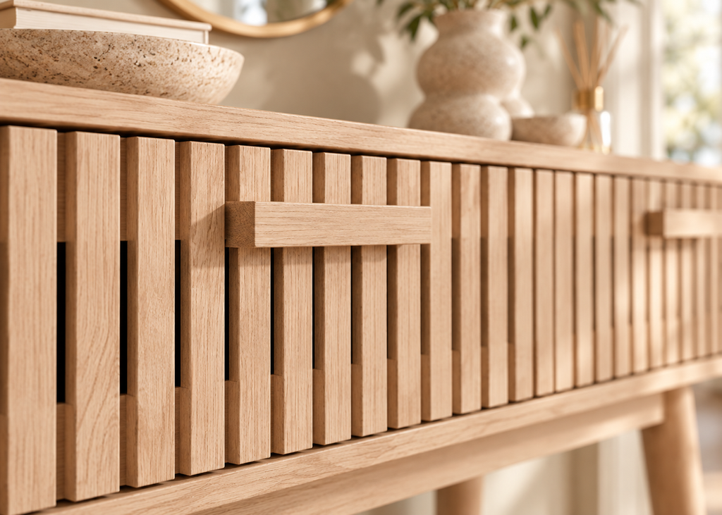 Console SOLEYA – Chêne clair cannelé, 2 tiroirs et design contemporain