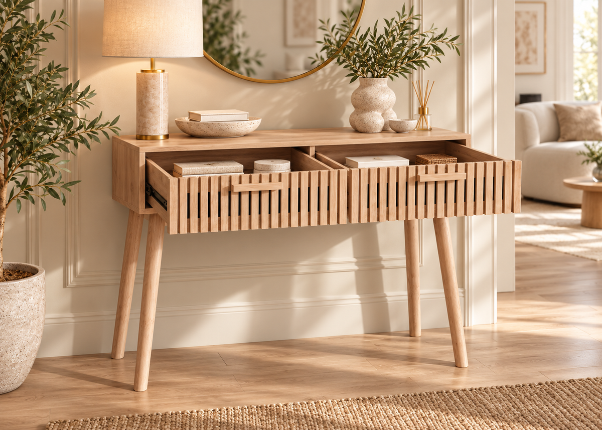 Console SOLEYA – Chêne clair cannelé, 2 tiroirs et design contemporain