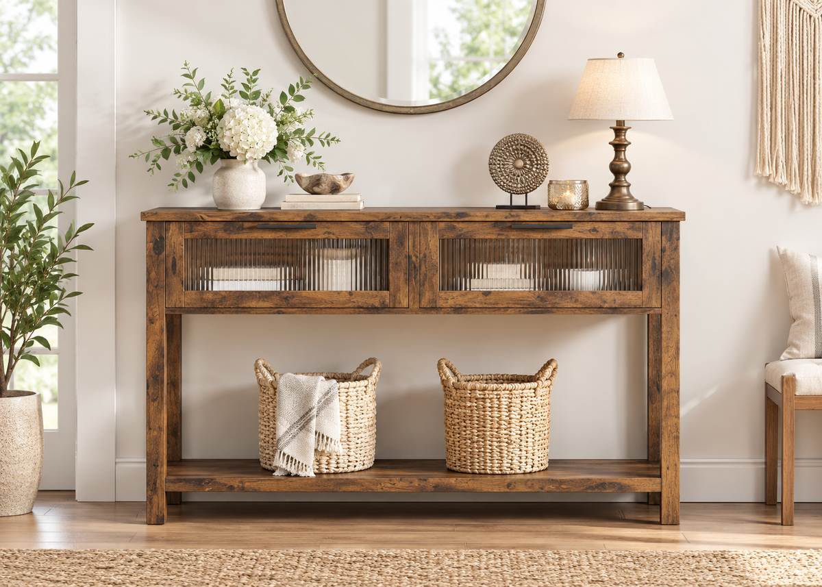 Console SOREN - effet bois avec 2 tiroirs vitrés texturés et étagère basse