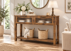 Console SOREN - effet bois avec 2 tiroirs vitrés texturés et étagère basse