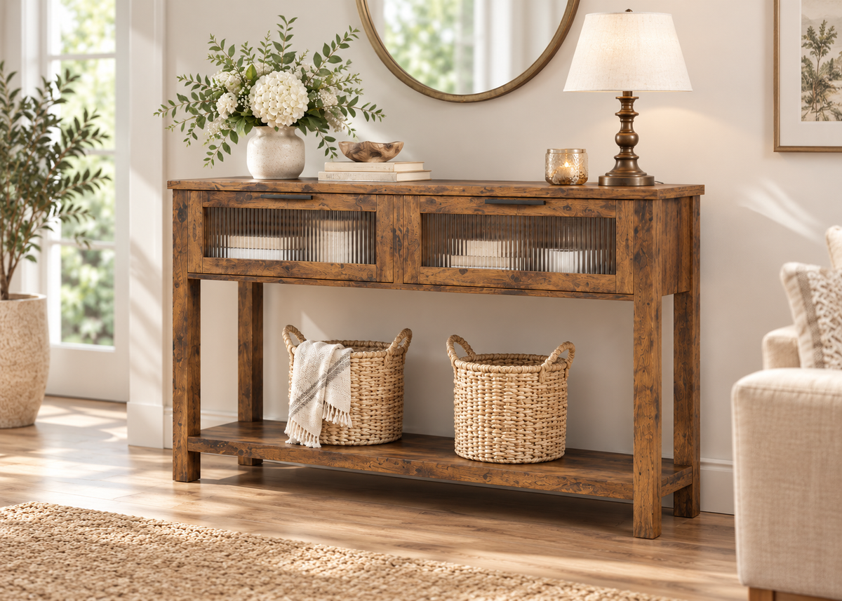 Console SOREN - effet bois avec 2 tiroirs vitrés texturés et étagère basse