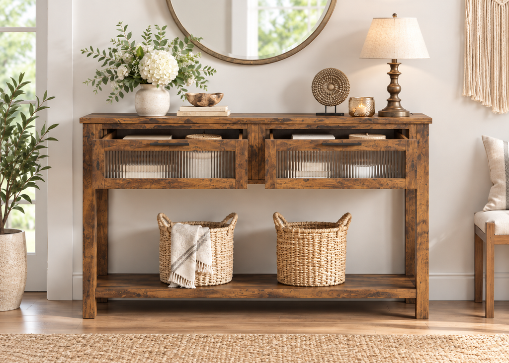 Console SOREN - effet bois avec 2 tiroirs vitrés texturés et étagère basse