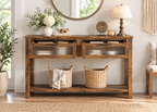 Console SOREN - effet bois avec 2 tiroirs vitrés texturés et étagère basse