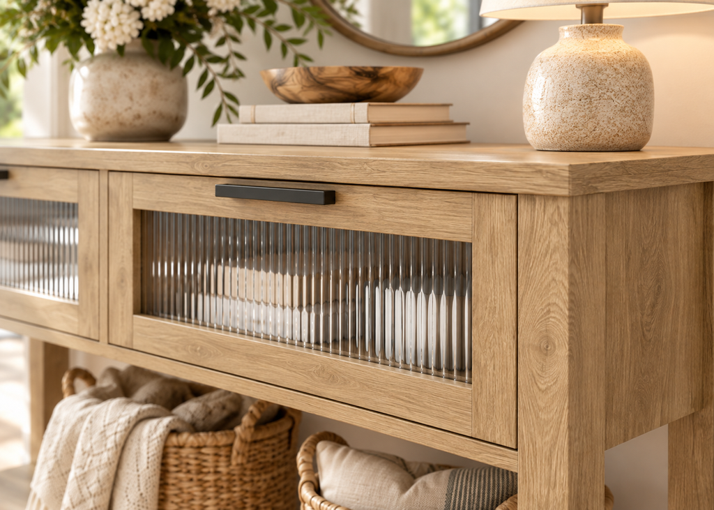 Console SOREN - effet bois avec 2 tiroirs vitrés texturés et étagère basse