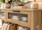 Console SOREN - effet bois avec 2 tiroirs vitrés texturés et étagère basse
