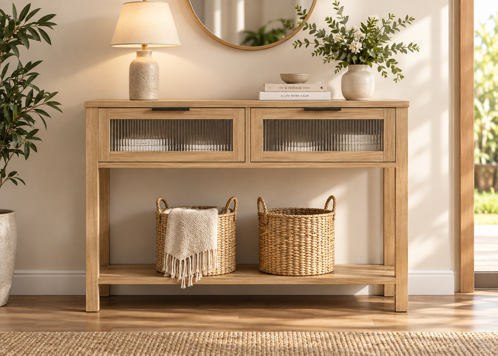 Console SOREN - effet bois avec 2 tiroirs vitrés texturés et étagère basse