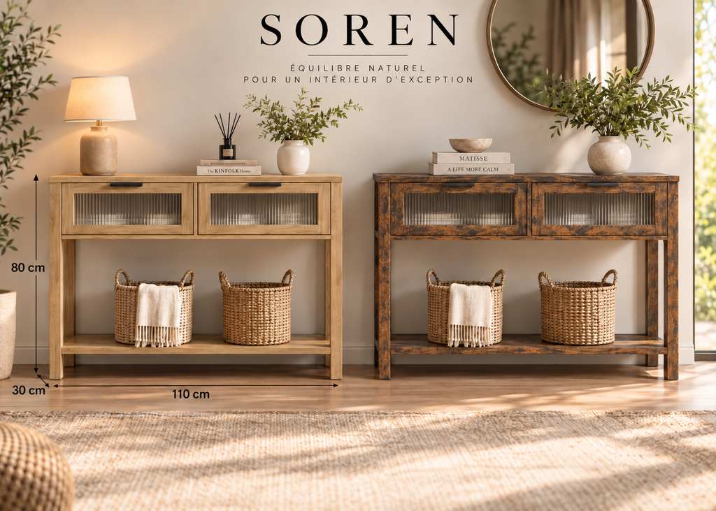 Console SOREN - effet bois avec 2 tiroirs vitrés texturés et étagère basse