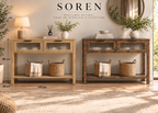 Console SOREN - effet bois avec 2 tiroirs vitrés texturés et étagère basse