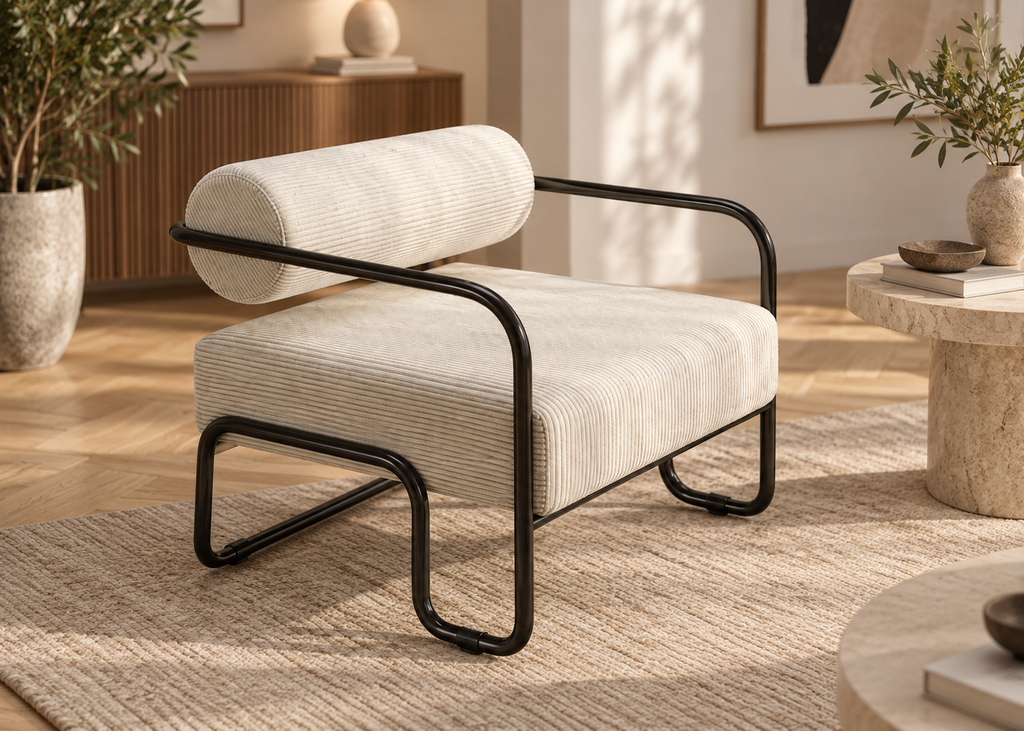 Fauteuil design VELAR en velours côtelé – structure métal noir