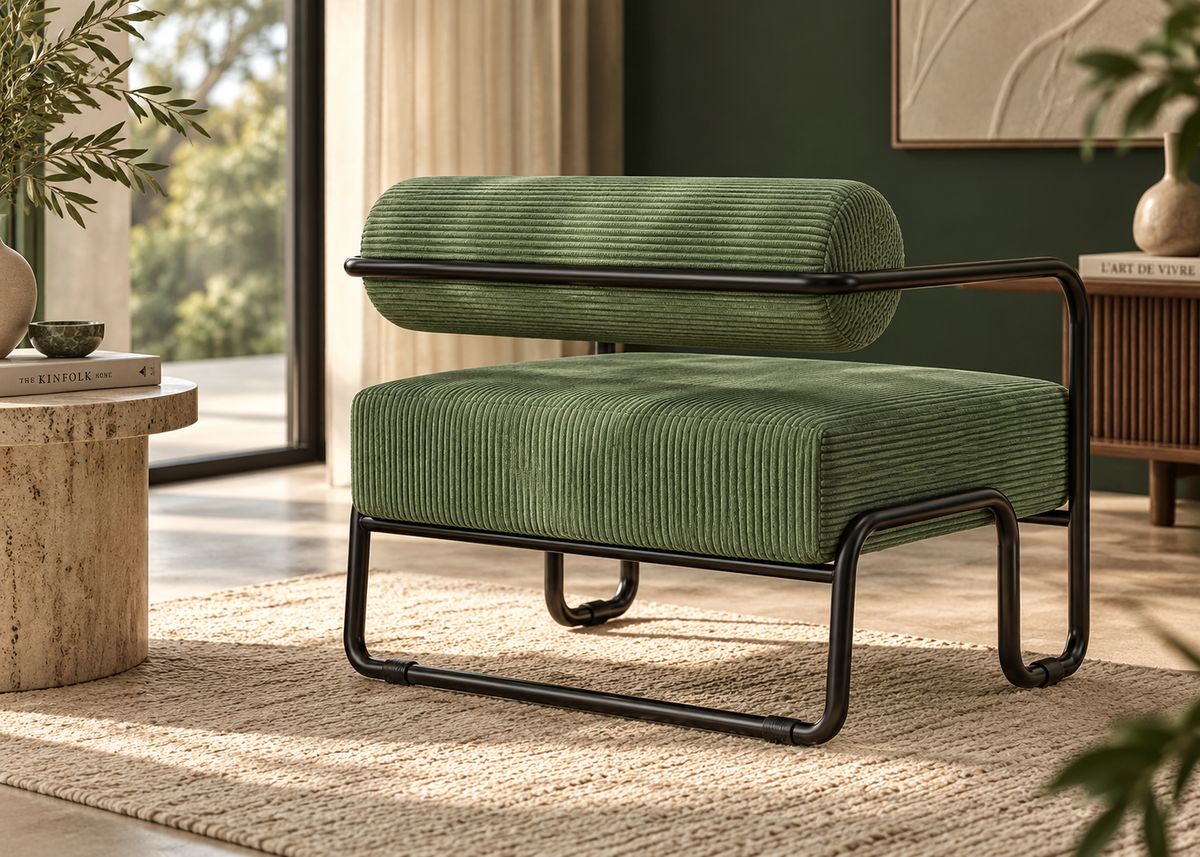 Fauteuil design VELAR en velours côtelé – structure métal noir