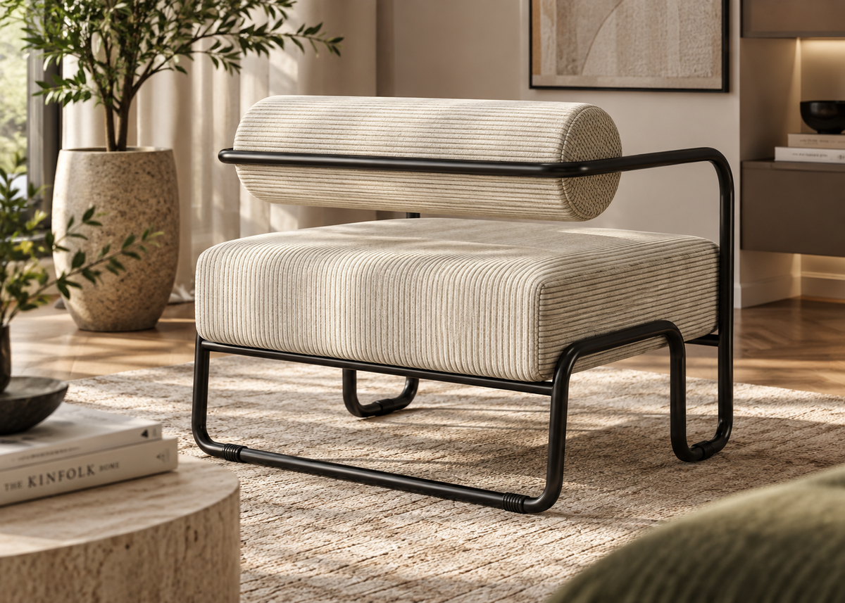Fauteuil design VELAR en velours côtelé – structure métal noir