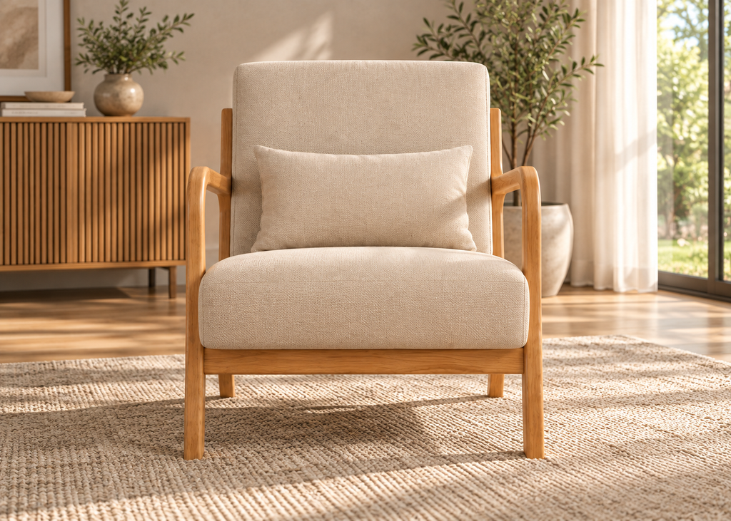 Fauteuil beige VELMONT – structure en bois naturel