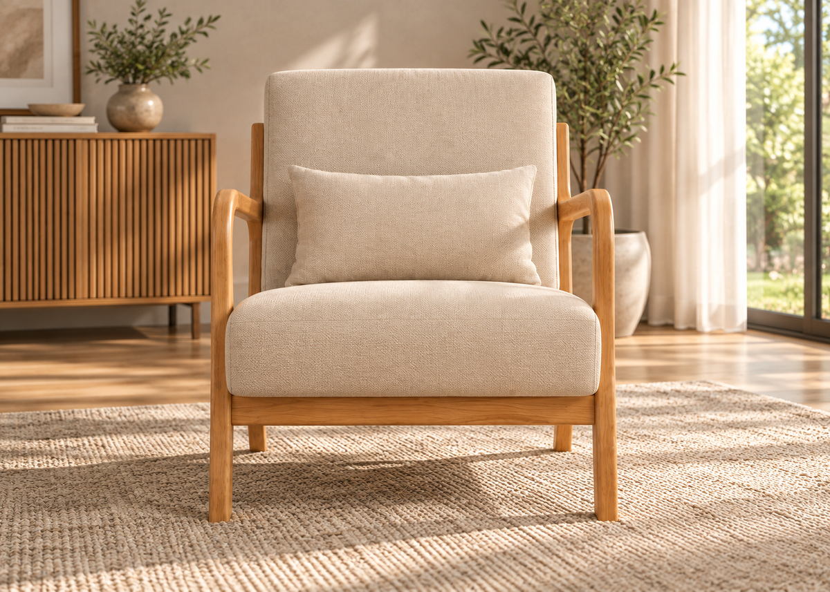 Fauteuil beige VELMONT – structure en bois naturel